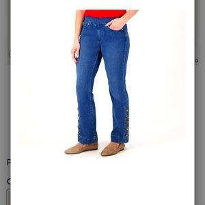 QVC Belle By Kim Gravel Flexibelle Flare Jean w/ Horn Buttons Rinse Wash Plus26